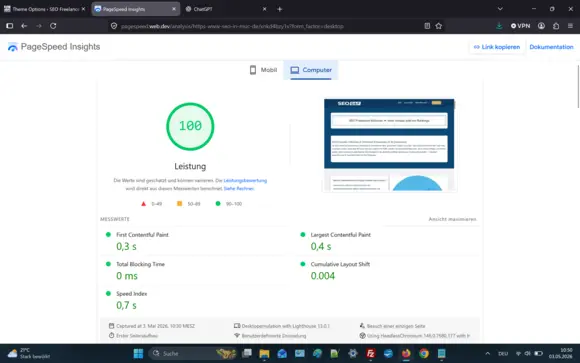 SEO & Perfomance auf 100% Niveau Detailansicht der Desktop PageSpeed Insights Messwerte mit Ladezeit, Interaktivität und Layout-Stabilität