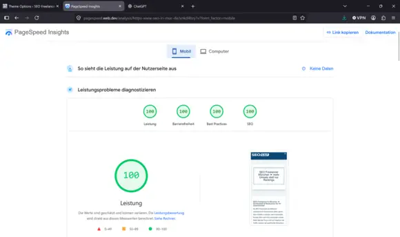 SEO G&F München Mobile PageSpeed Insights Ergebnis mit viermal 100/100 Punkten für Core Web Vitals