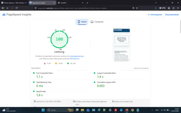 SEO Optimierung bei SEO Freelancer in München Detailansicht der Mobile PageSpeed Insights Messwerte mit Ladezeit, Interaktivität und Stabilität
