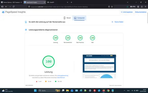 SEO Freelacer München Desktop PageSpeed Insights Ergebnis mit viermal 100/100 Punkten für Core Web Vitals