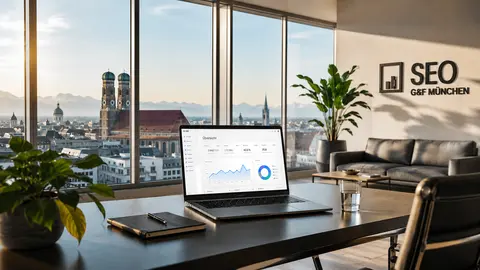 seo-experte-fuer-kmu-muenchen SEO Experte für KMU G&F München: Modernes Büro mit Laptop und Ausblick auf die Frauenkirche und Alpen.